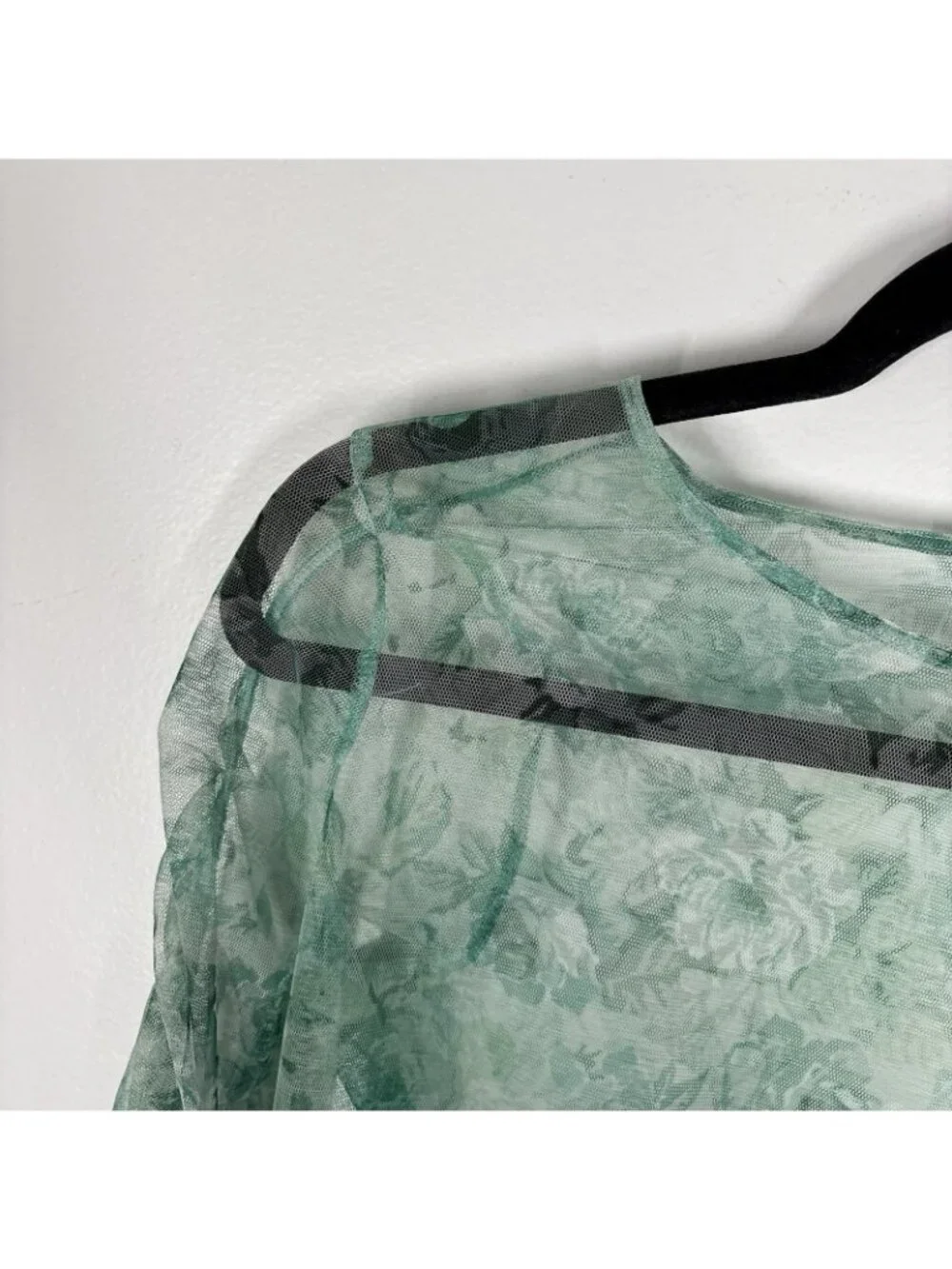 Zara Women M Green Floral Mesh Sheer Y2K Ruched Long Sleeve Blouse NWOT